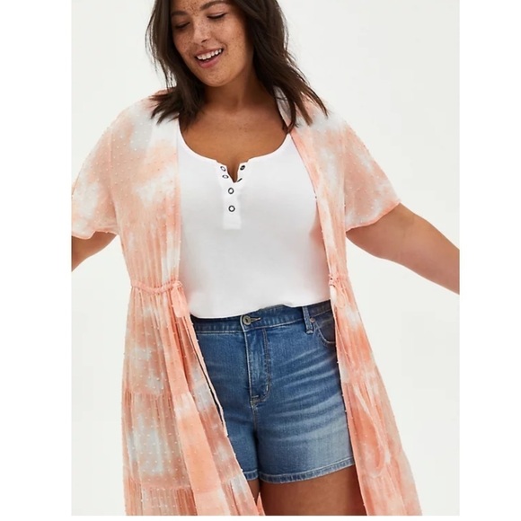 Torrid size 00 M/L PEACH TIE-DYE CLIP-DOT KIMONO - Picture 6 of 12